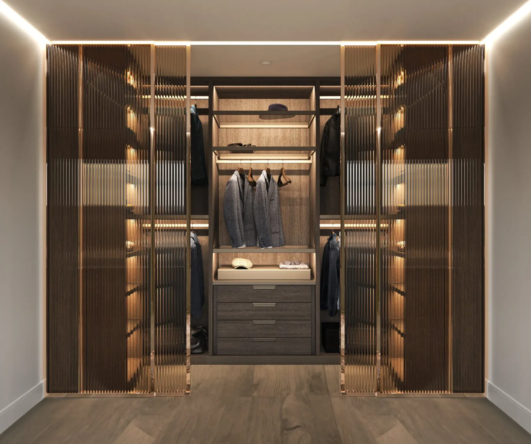 Walk-in closet with slatted wood doors, hanging clothes and warm lighting